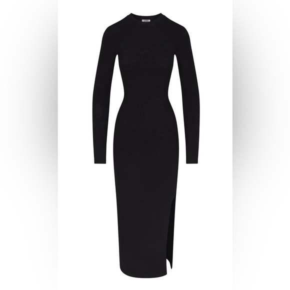 NWT CHAM Long Black Dress Fitted Long Sleeve High Slit $279 Medium/Large - Picture 2 of 7